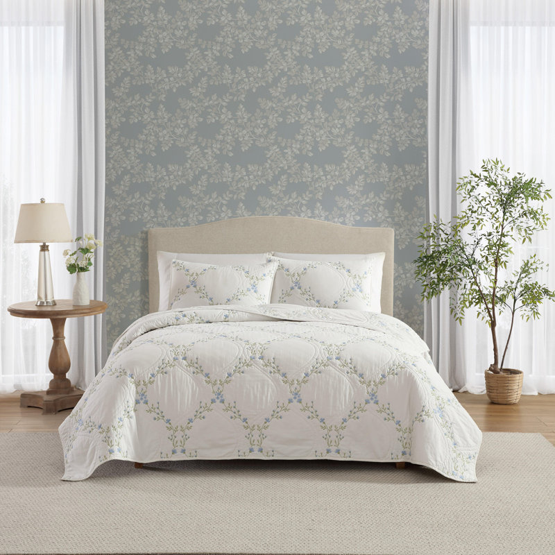 Blue Floral Embroidered Cotton Twin Quilt Set