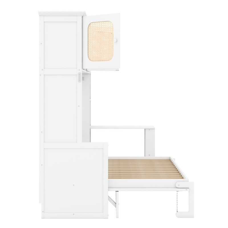 Lit escamotable avec bureau intégré et armoires de rangement en rotin, Blanc chaud
