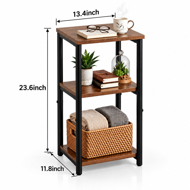 Table d'appoint industrielle à 3 niveaux avec étagères de rangement ouvertes, petite table de chevet compacte pour le salon et les petits espaces, brun rustique