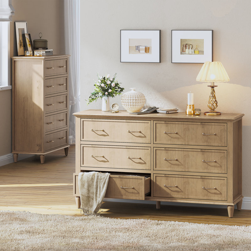 6-Drawer Dresser with Anti-Tip Safety Feet, Wide Storage Cabinet for Bedroom, Living Room, or TV Stand – Modern Wood Chest with Solid Wood Legs, 54"W × 15.5"D × 31.3", Natural