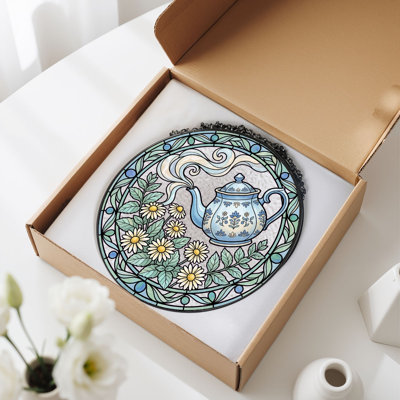 Teapot Flowers Stained Glass Window Panel，7.8H