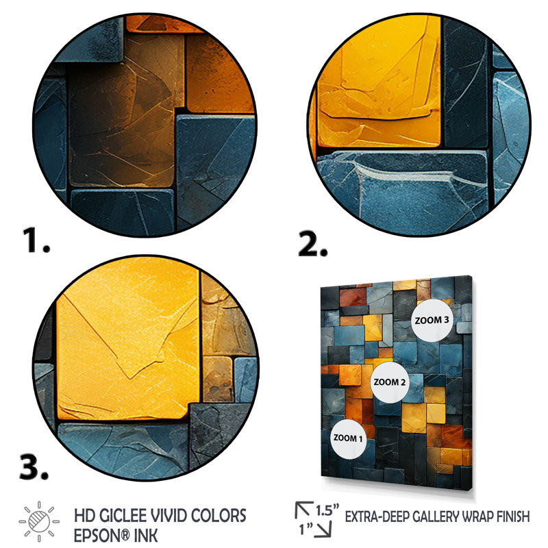 Yellow Stone Cubes II - décoration murale en marbre, H 44 po x l 34 po x P 1,5 po, Cadre flottant doré