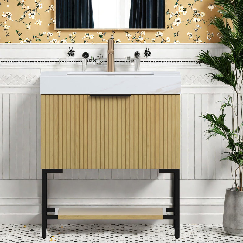 Meuble-lavabo moderne avec lavabo, plateau en or Calacatta, rangement spacieux