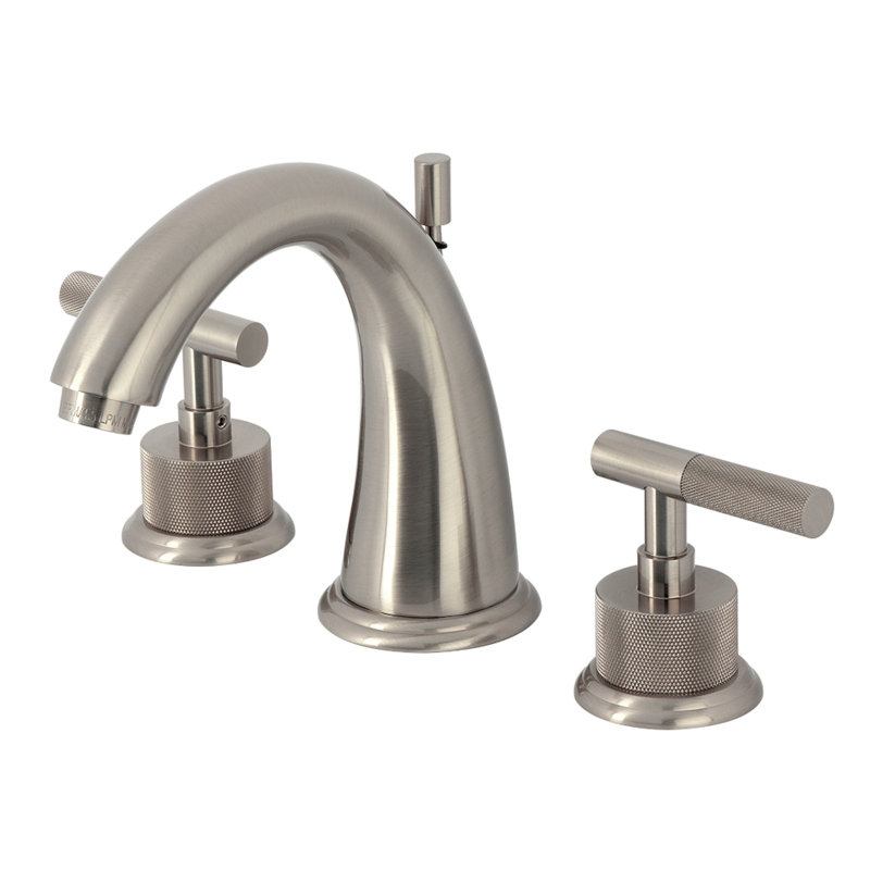 Kingston Brass Convergent Two-Handle 3-Hole Deck Mount Widespread Bathroom Faucet with Knurled Handle and Brass Pop-Up Drain