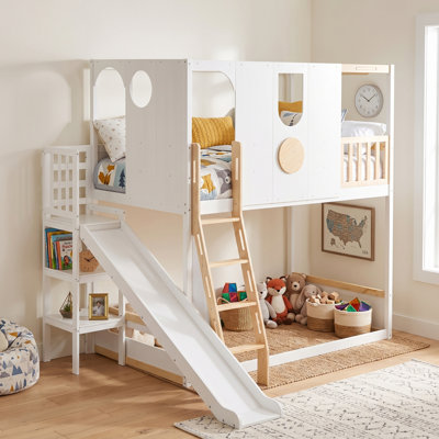 Lit mezzanine pour enfant double avec glissade, lit superposé cabane de jeu avec étagères de rangement et barrières de sécurité, blanc et naturel