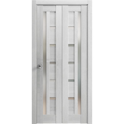 Portes d'armoire coulissantes pliantes 36 x 80 Quadro 4088 Chêne gris pâle avec verre dépoli, rails robustes, moulures, garnitures, quincaillerie, bois massif, portes de placard de chambre