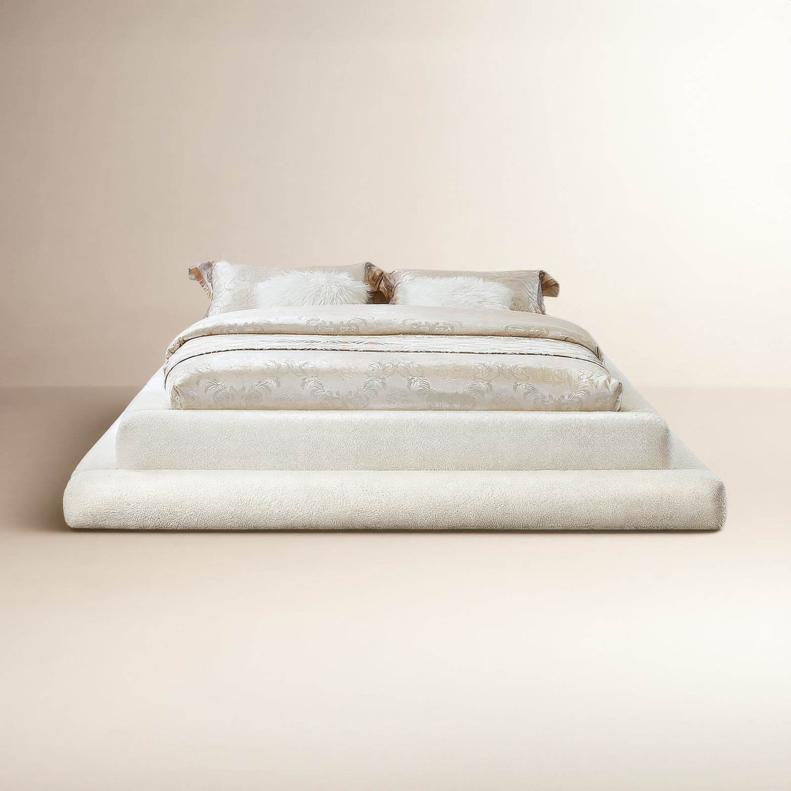 Hoffarth Upholstered Bed, Queen, Cream Faux Shearling Teddy Fabric