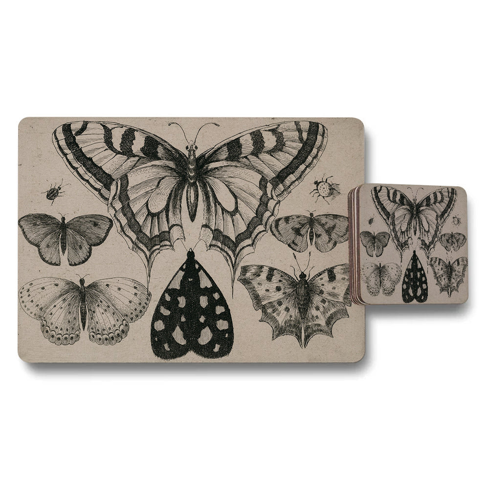Butterfly Sketch Placemats And Coaster Set Vintage Beige Background