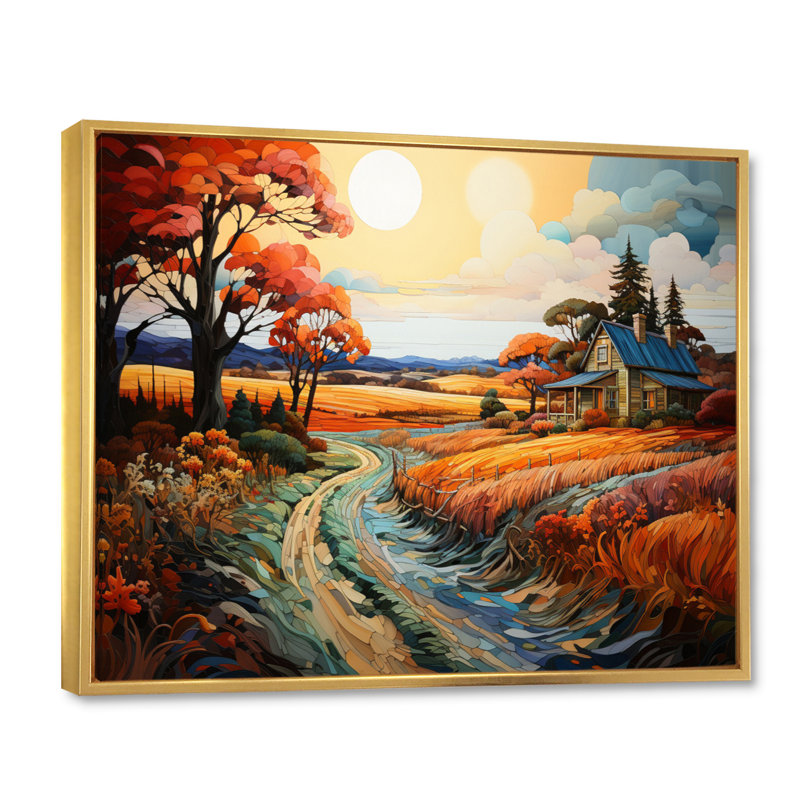 Farmhouse Farmstead Mosaic Pointillism I - impression, H 34 po x l 44 po x P 1,5 po, Cadre flottant doré