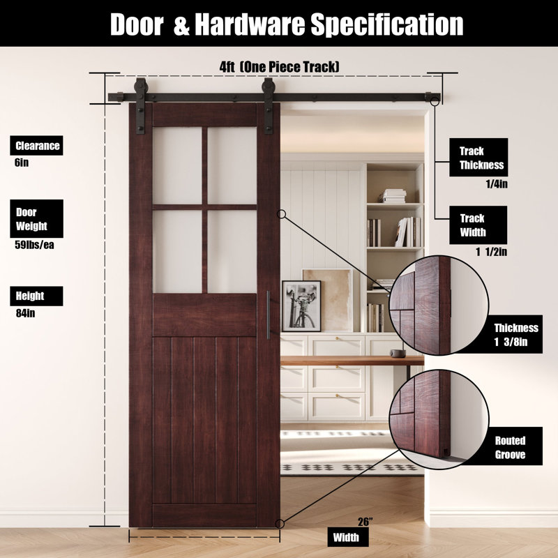 Porte de grange en verre givré non assemblé et fini 26 po x 84 po Homacer Red Homacer de 26 po x 84 po avec quincaillerie d'installation sans dérivation, rail de 4,5 pi, utilisation intérieure seulement