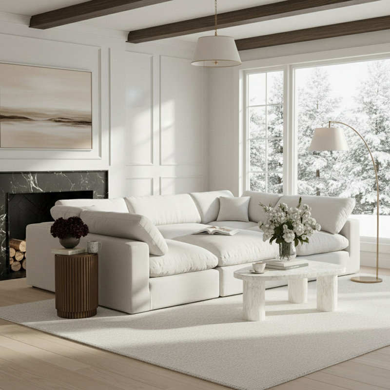 Canapé modulaire 6 pièces Husnein, Tissu texturé en lin blanc