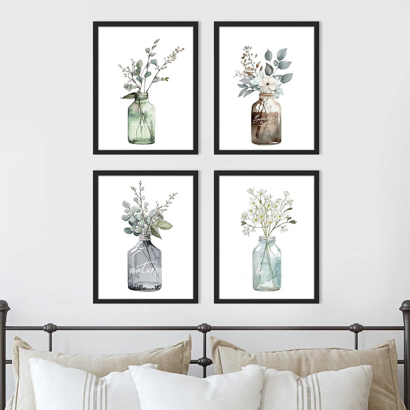 Plant In Bottle " IDEA4WALL Framed Pastel Forest Leaf Glass Vase Wall Art, Set Of 4 Nature Wilderness Wall Decor Prints, Botanical Floral Wall Decor For Living Room, Bedroom " 4 - Pieces