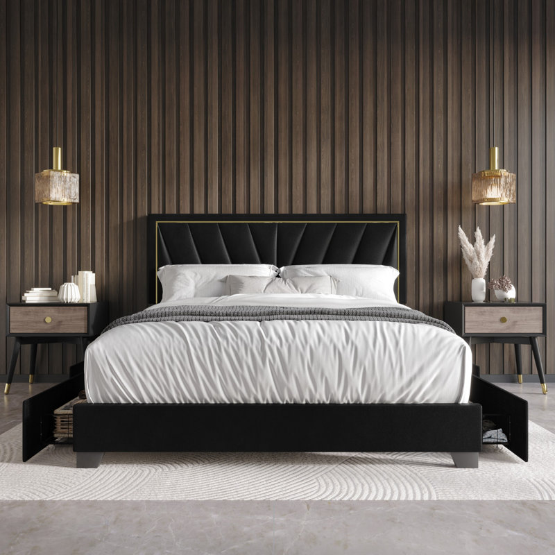 Lit plateforme tapissier avec rangement Jannean, Complète, Noir