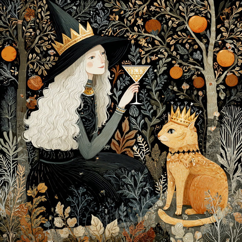 «Witch and Cat with Golden Crown», art mural sur toile tendue, H 20 po x l 20 po