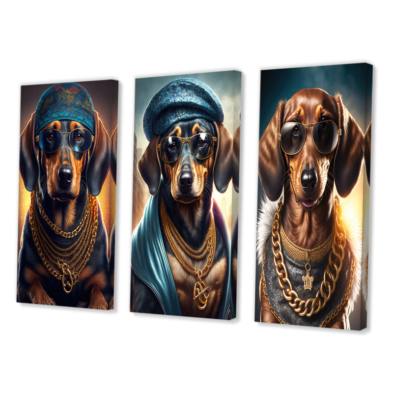 «Dachshund Gangster In NYC», 3 pièces sur toile, H 40 po x l 60 po, Toile tendue