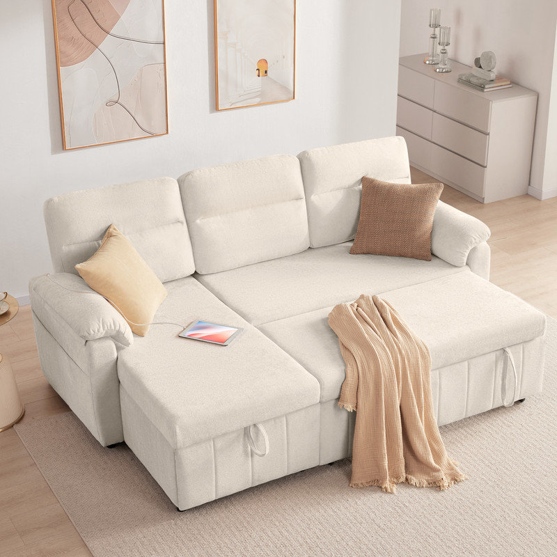 Canapé-lit modulaire en L convertible en L 84 po avec USB et rangement, Mélange de polyester blanc