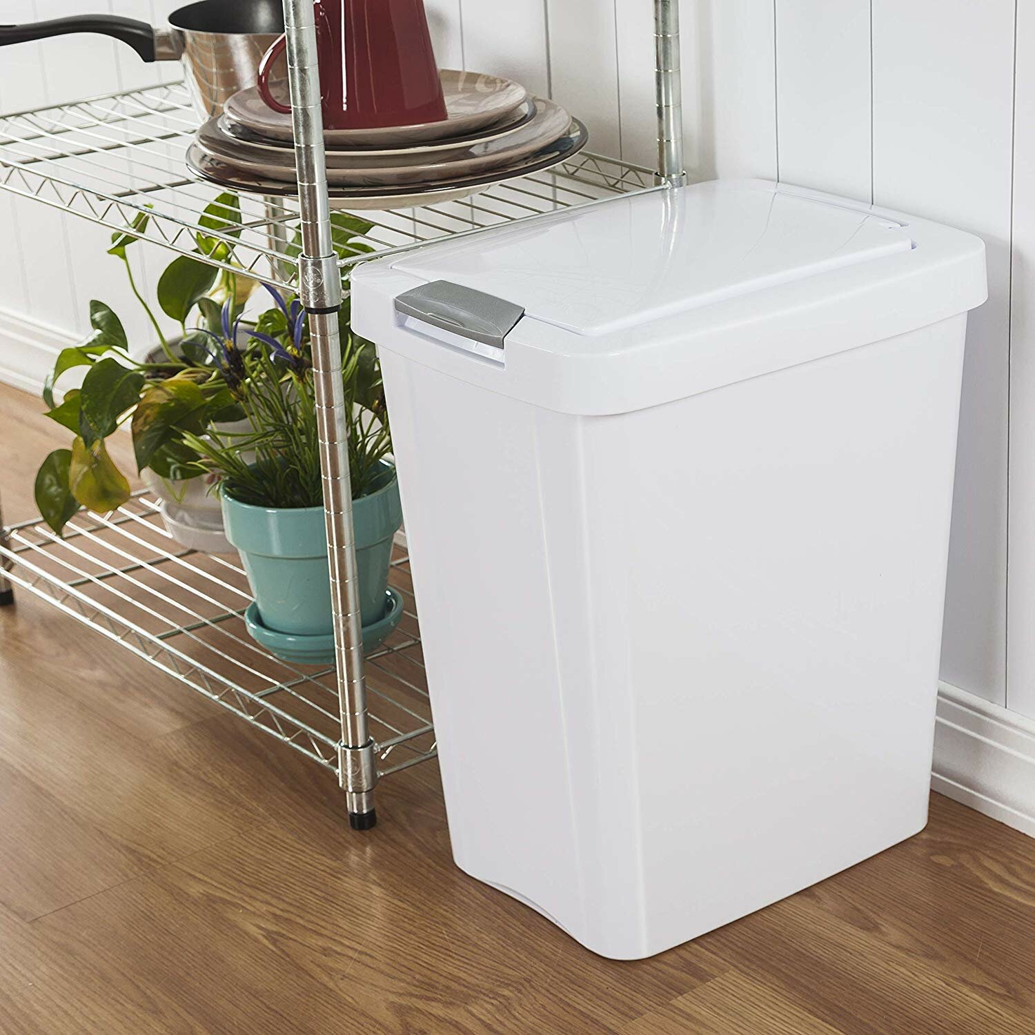 Household Trash Bin Pp 1.8 Gallon Waste Bin Garbage Can With Press Top Lid  White