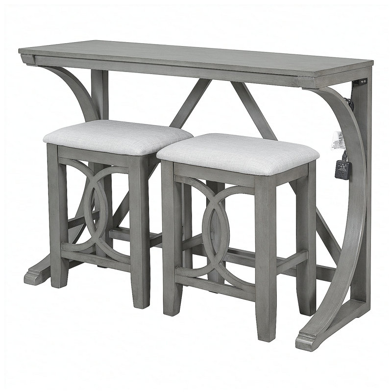 Farmhouse 3-Piece Counter Height Dining Table Set with USB Port and Upholstered Stools, Gray, Gray
