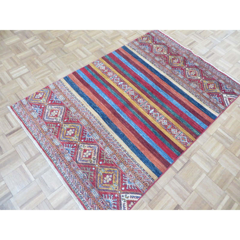 Tapis de zone en laine rouge/bleu 3 pi 11 po x 5 pi 10 po one-of-kind-noué la main Broadalbin