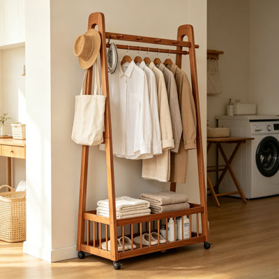 Portemanteau autoportant en bois massif, portant à vêtements roulant avec crochets supérieurs et panier de rangement inférieur, porte-manteau mobile pour chambre ou entrée