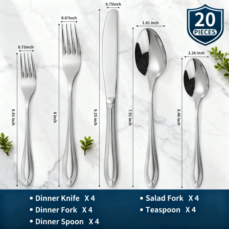 20-Piece Stainless Steel Flatware Set For 4, Mirror Polished Silverware Set With Elegant Line Pattern, Dishwasher Safe Cutlery Set Includes Forks, Spoons And Knives