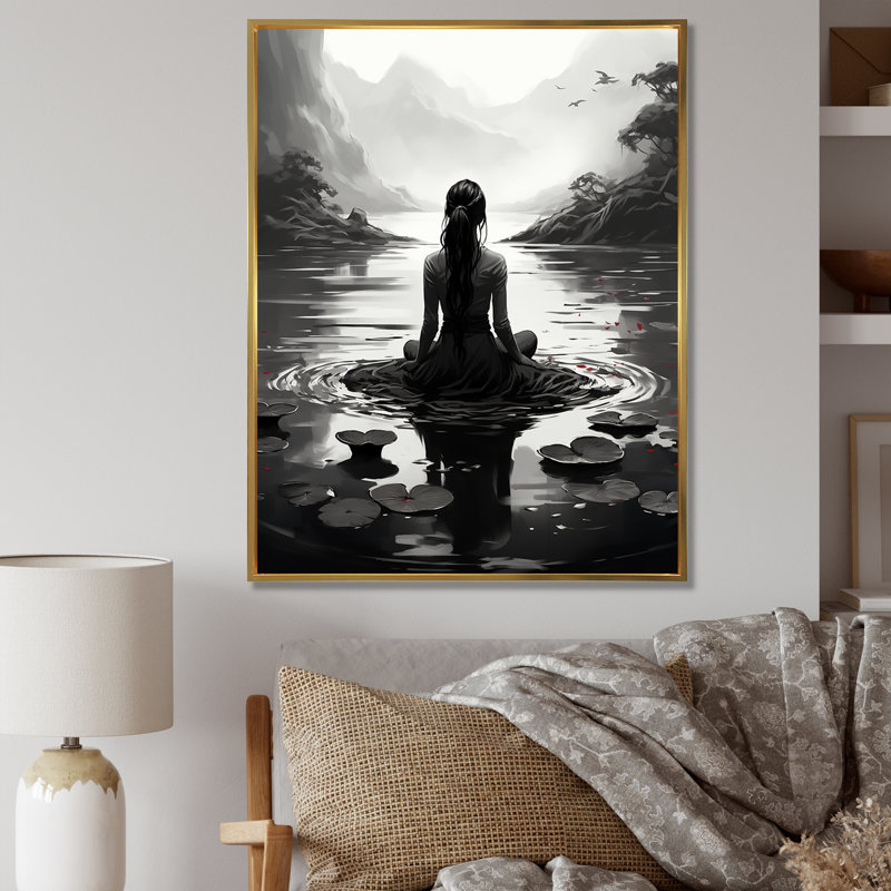 Méditation, yoga, méditation, femme, lotus, pose 1 - art mural méditation pour le salon, Cadre flottant doré, 32" H x 24" W