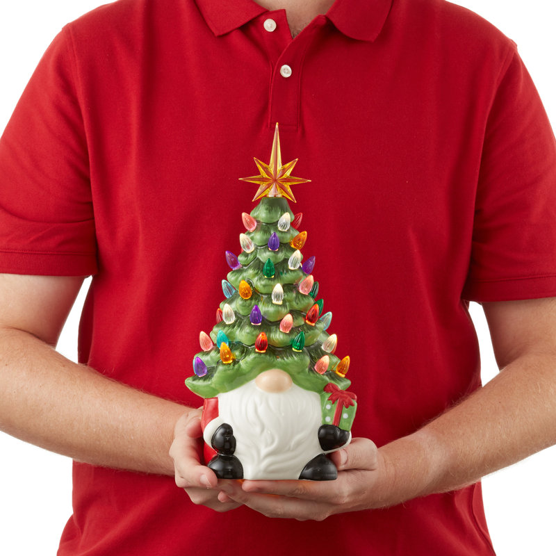 Gnome de père Noël en céramique peint à la main avec arbre de Noël pré-éclairé