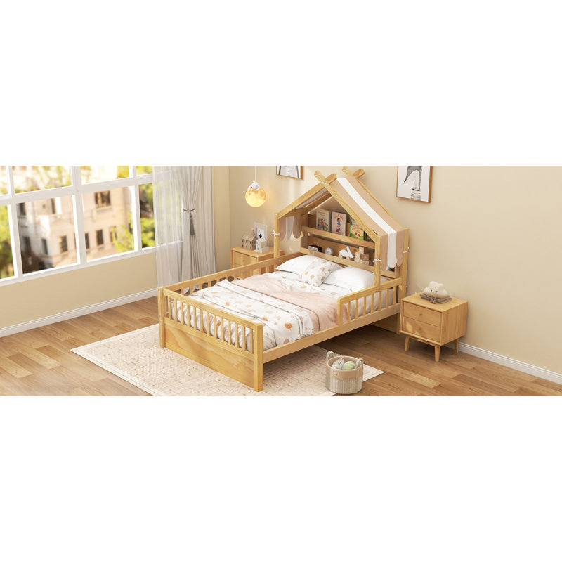 Lit simple en bois avec tête de lit et rangement, naturel, Naturel