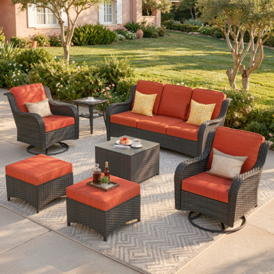 Ensemble de conversation pour 5 personnes, canapé de patio en osier et fauteuil pivotant avec coussins