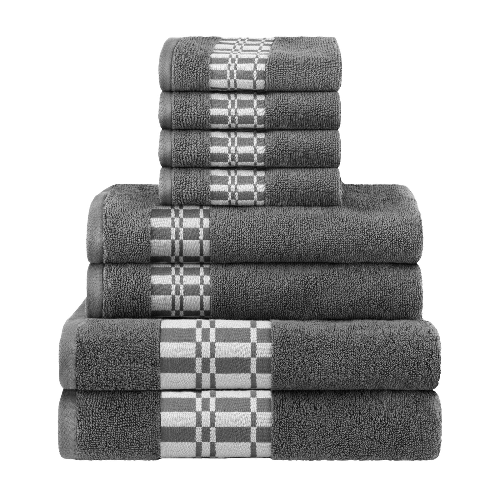 8-Piece Geometric Border Cotton Towel Set, Gray