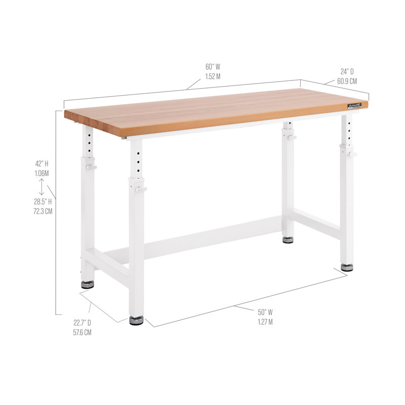 Seville Classics UltraHD Adjustable Height Workbench, 60" W x 24" D x 28.5" - 42" H, White