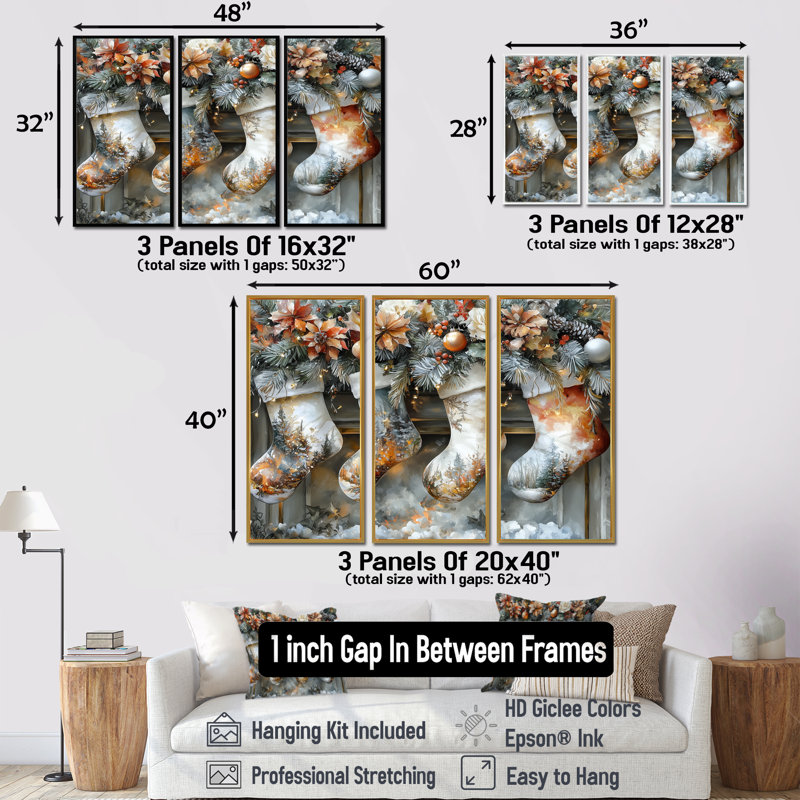 Bas de Noël orange I - ensemble d'art mural de Noël, Toile avec cadre flottant brun, H 28 po x l 36 po x P 1 po