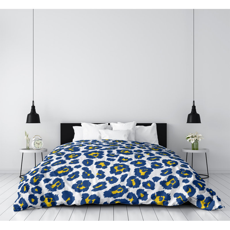 Housse de couette simple à imprimé léopard, Housse de couette simple TG, Polyester brossé, Blanc / bleu foncé / jaune