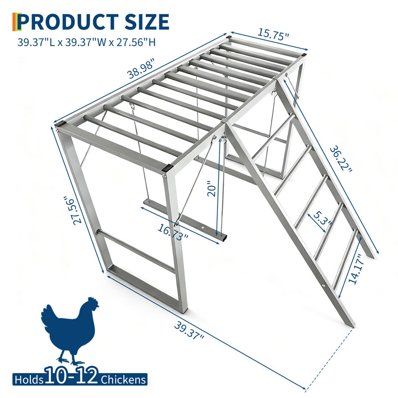Poulailler en métal avec balançoire et barres à plusieurs niveaux - Ensemble d'échelles durable - Aire de jeu pour 8 à 10 poules - Accessoire de poulailler parfait pour les fermes de basse-cour - Gris argenté