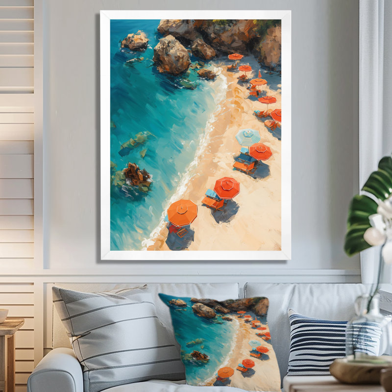 Parasols orange Positano Beach en début d'été - Art mural plage, Toile encadrée blanche avec une seule photo