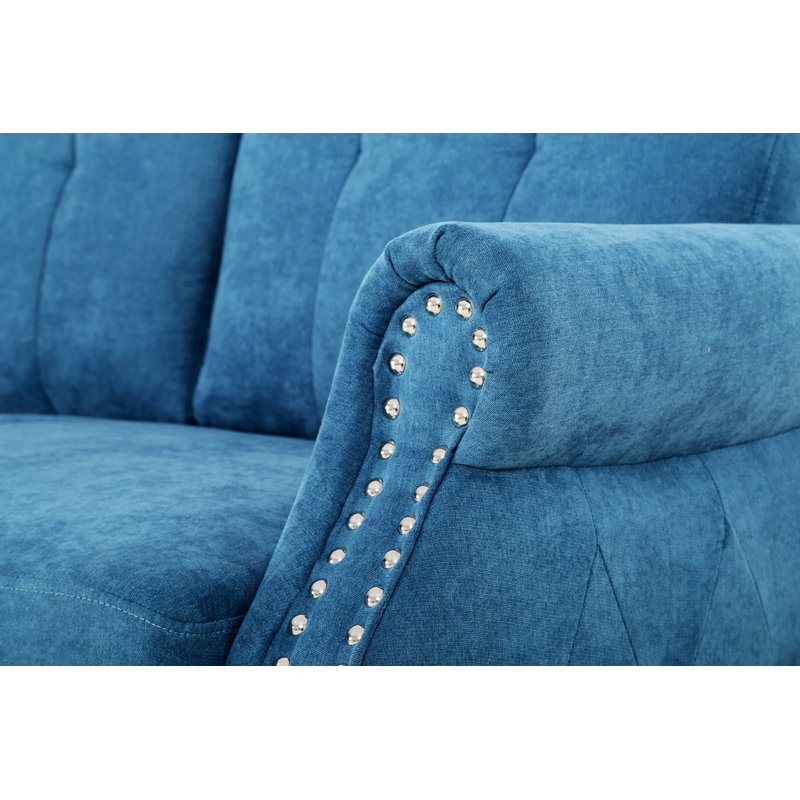 Canapé deux places rembourré avec accoudoirs arrondis et garniture cloutée pour salon, Tissu bleu marine
