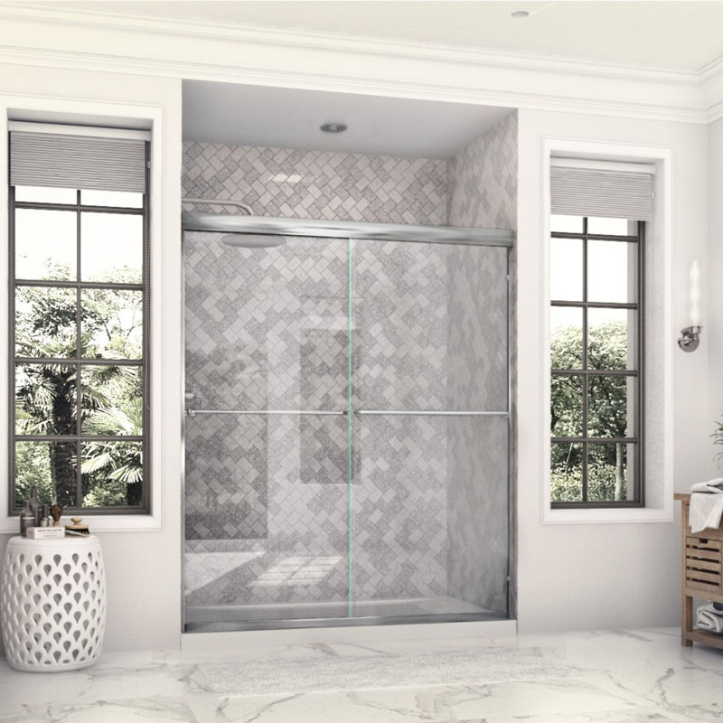 Eurolite l 58 po x H 74 po Porte de douche coulissante sans cadre en chrome avec verre transparent épais de 3/8 po (10 mm)