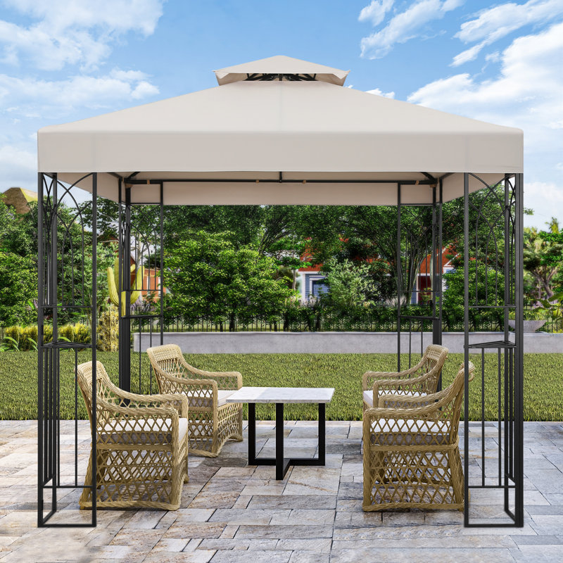 Beige 8x8 Metal Patio Gazebo with Double Roof