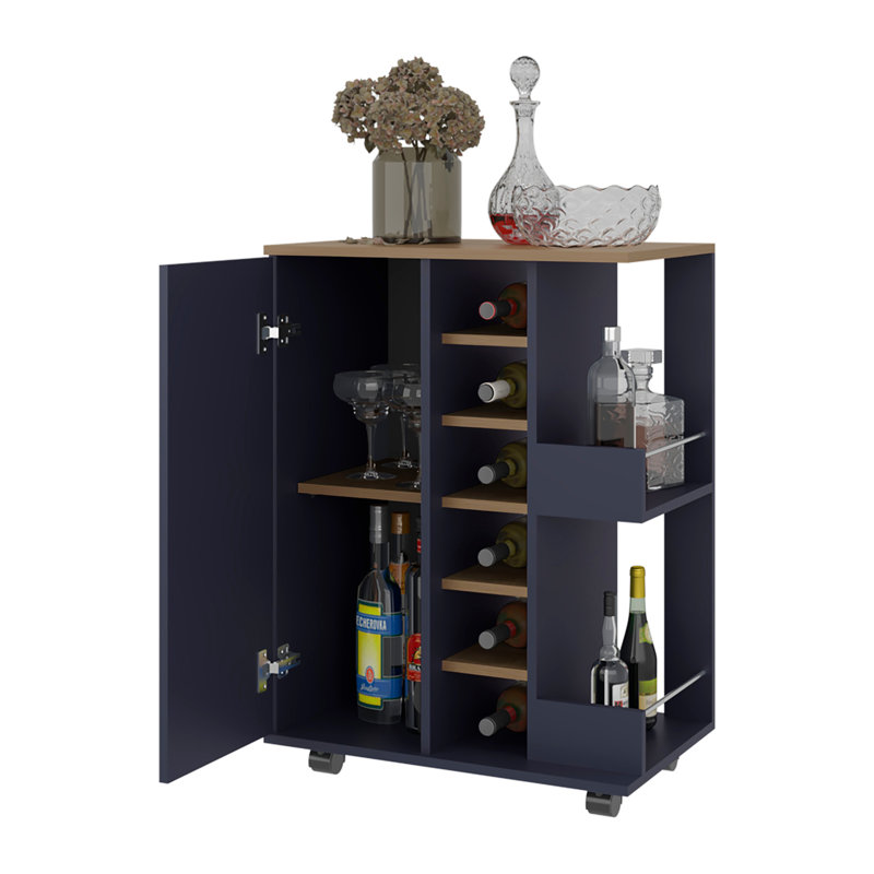 Chariot-bar H 32,3 po, 1 porte, 10 tablettes, bleu Alby / chêne naturel - salon