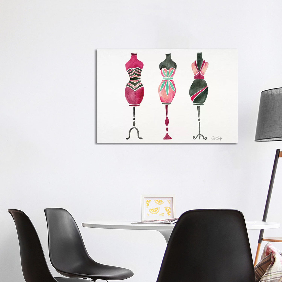 Pink 3 Dresses von Cat Coquillette - Galerie-verpackte Leinwand Giclée auf Leinwand