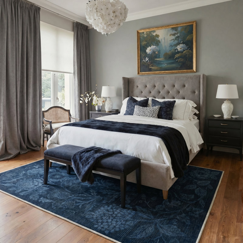 Tapis bleu foncé à motif floral botanique, lavable à la machine, à poils courts et antidérapant, idéal pour le salon ou la chambre.