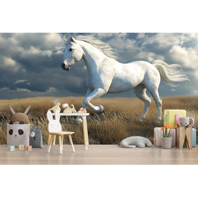 Papier peint cheval blanc - Étalon majestueux courant dans un champ pour chambre à coucher ou chambre de bébé