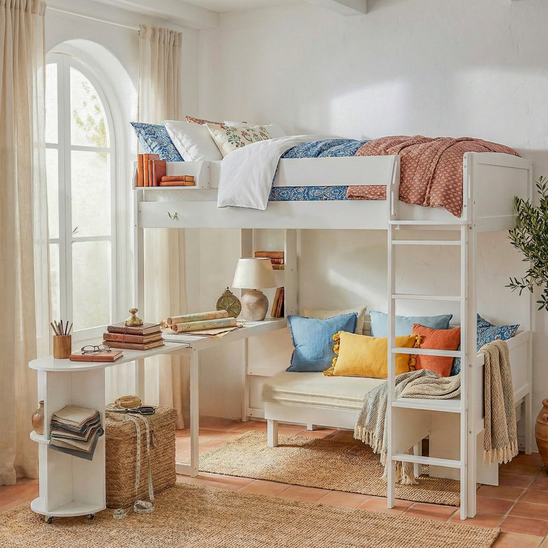 Full Size Wood Loft Bed With Desk, Bedside Storage Shelf, Sofa And Light,White, White