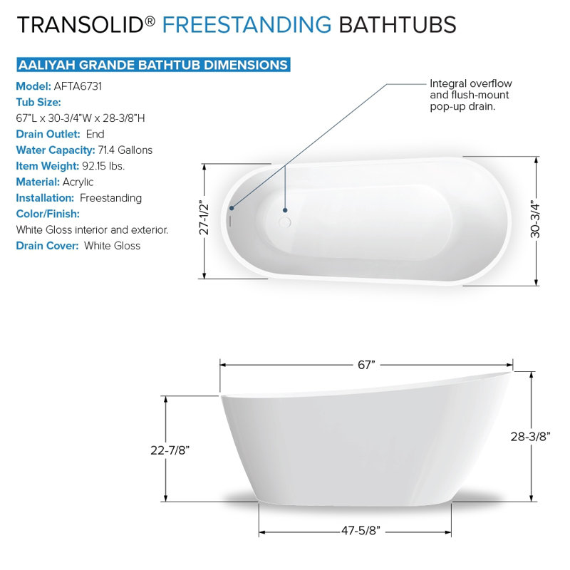 Baignoire autoportante blanche L 66,875 x l 30,75 x H 28,375 Transolide