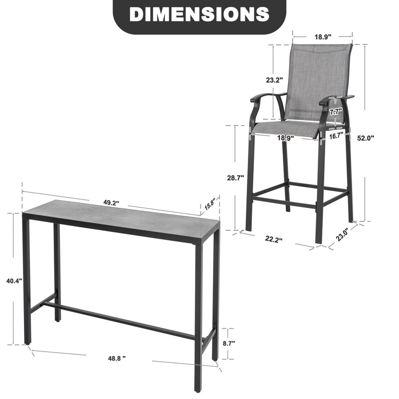 Eava Patio 3-Piece Patio Bar Set, Outdoor 3D-Print Tempered Glass High Bar Table Set with 2 Bar Stools for Porch, Gray and Black