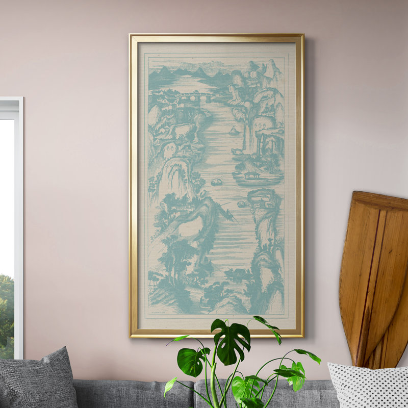 Vue d'oiseau chinois dans un spa II - Peinture sur toile encadrée, H 22,5 po x l 42,5 po x P 1,5 po, Doré