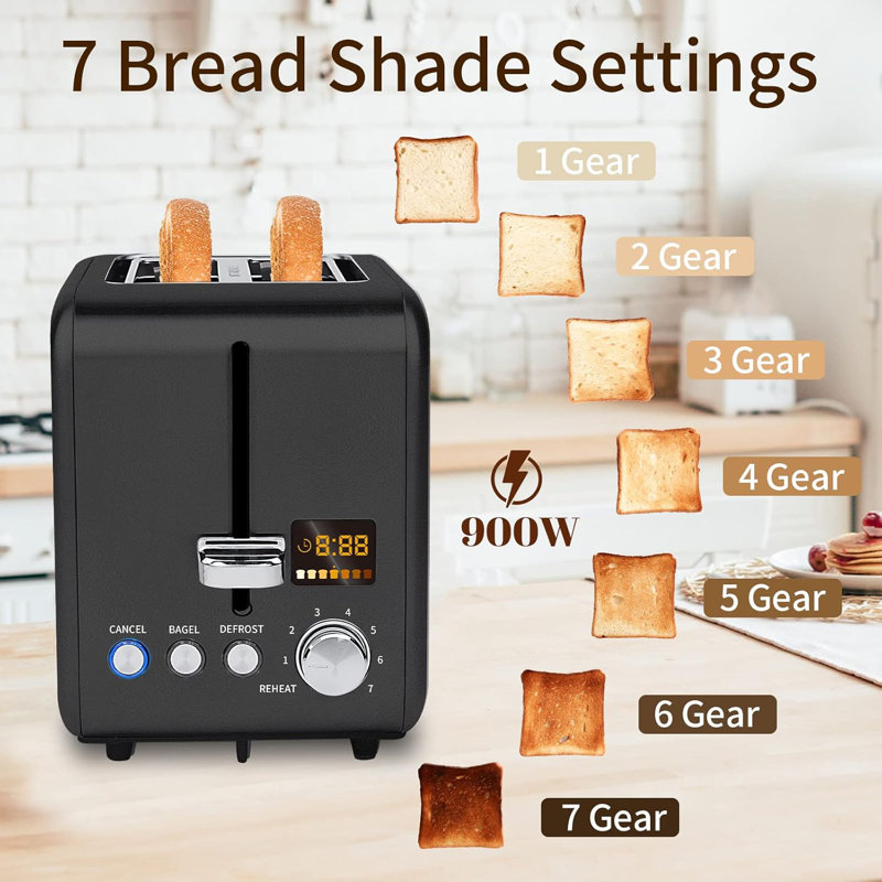 Toaster 2 Slice, Stainless Steel Bread Toaster LCD Display, 7 Bread Shade Settings, 1.4'' Wide Slots, Matte Black