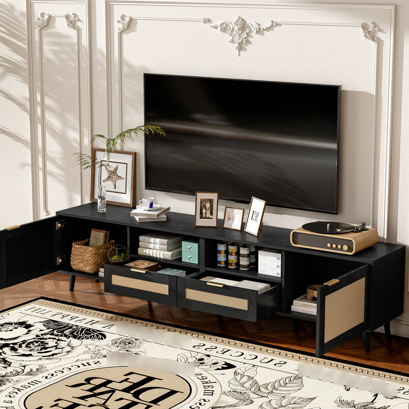 Console média 70 - 79 pouces, meuble télé contemporain avec charnières, rangement multifonctionnel, panneau élégant pour le cinéma maison
