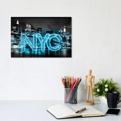 Neon New York City Aqua On Black by Hailey Carr - Wrapped Canvas Print
