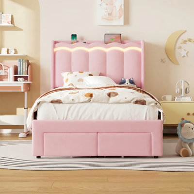 Velvet Upholstered Storage Kids Bed With LED Lights, Platform Kids Bed With 1 Drawer